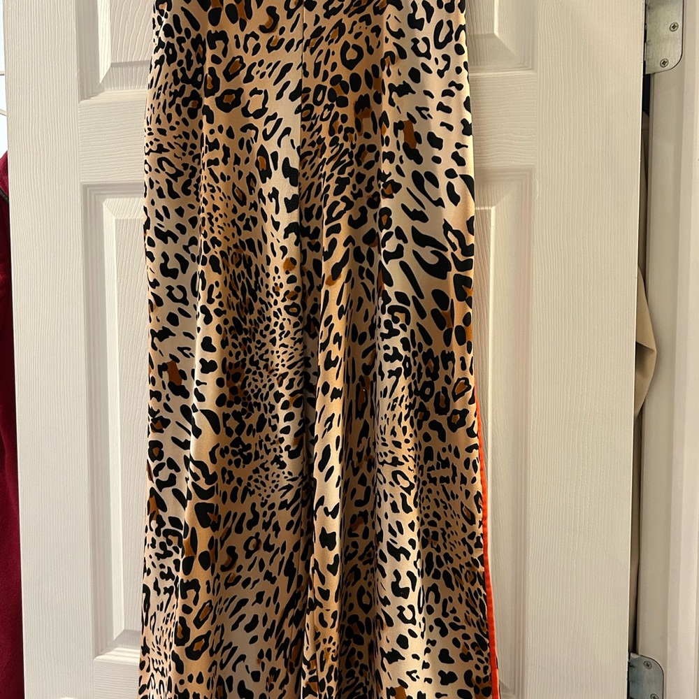ECI Tan and Black Wide Leg pants with orange piping down the side